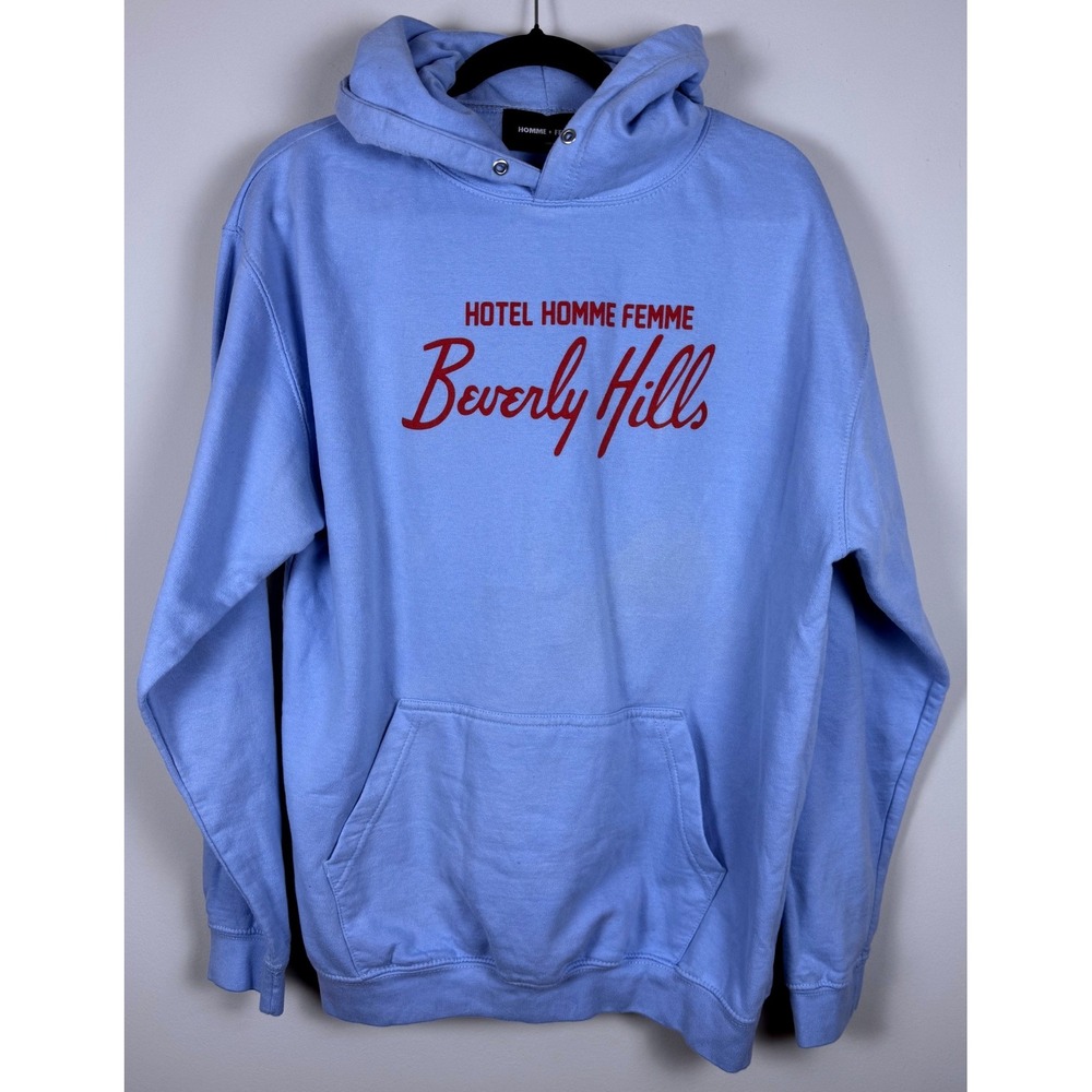 Homme Femme Beverly Hills Hotel Graphic Hoodie Light Blue Mens Large USA Made